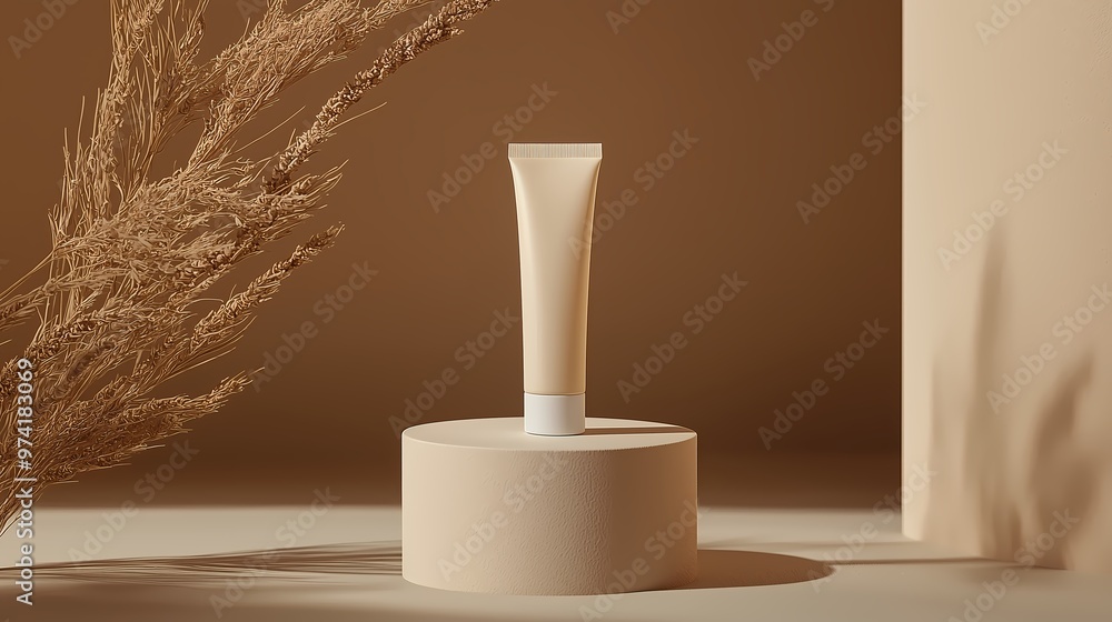 Discover the Beauty of Minimalism: A Cream Tube on a Pedestal Surrounded by Subtle Natural Elements in Earthy Tones and Soft Shadows Discover the Beauty of Minimalism: A Cream Tube on a Pedestal Surrounded by Subtle Natural Elements in Earthy Tones and Soft Shadows
