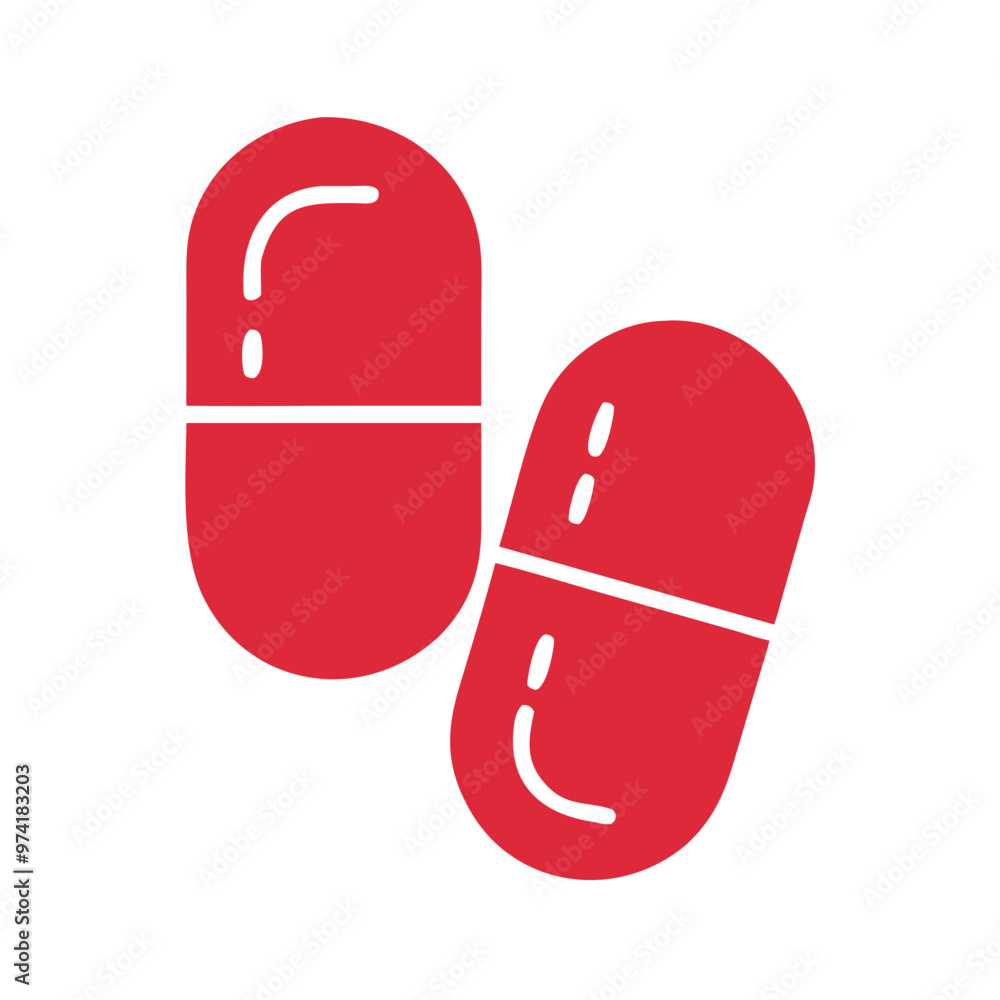 Pills icon, medication theme, in red color on a white background Pills icon, medication theme, in red color on a white background