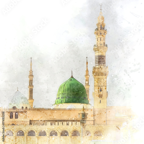watercolor painting sketch of a green mosque with a green dome, prophet mosque in medina, saudi arabia
