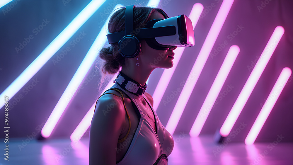 Beautiful woman in futuristic dress on neon light background female in glasses of virtual reality Augmented reality science future technology Beautiful woman in futuristic dress on neon light background female in glasses of virtual reality Augmented reality science future technology