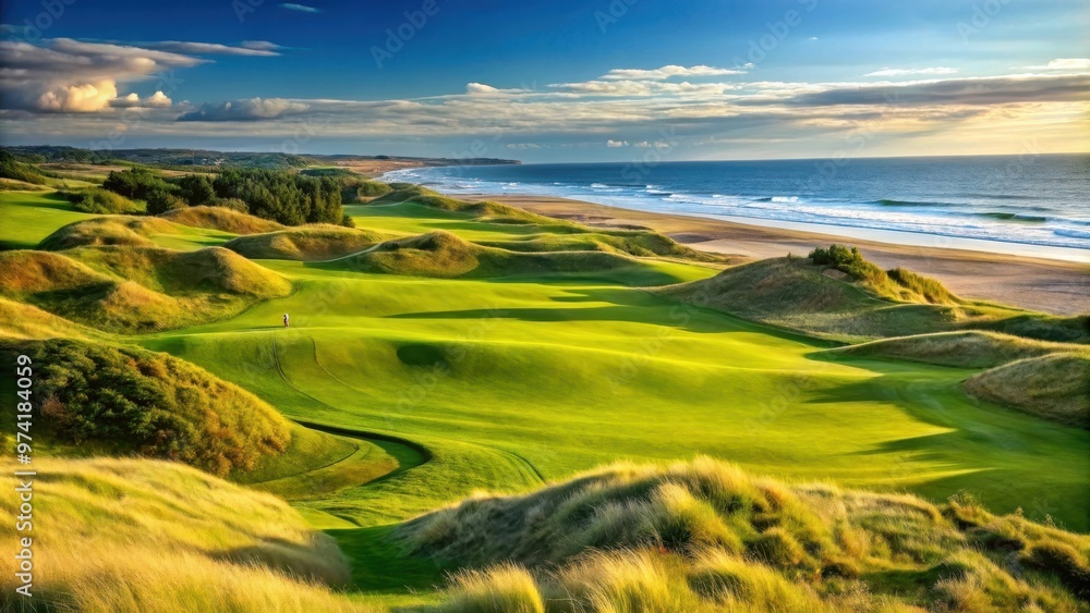 Obraz premium Scenic view of the 8th hole at Royal Aberdeen Golf Club, Balgownie, Scotland