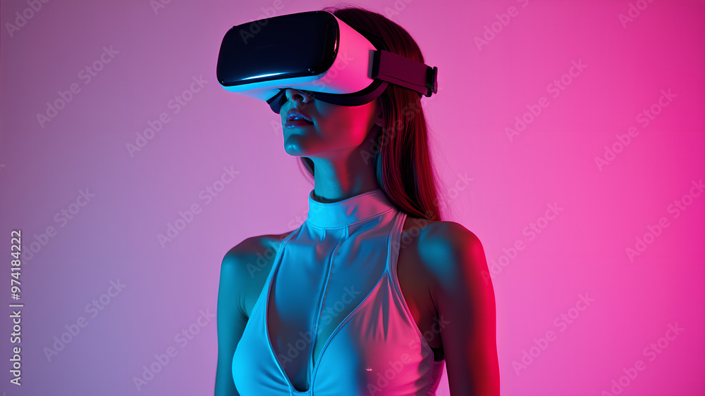 Beautiful woman in futuristic dress on neon light background female in glasses of virtual reality Augmented reality science future technology Beautiful woman in futuristic dress on neon light background female in glasses of virtual reality Augmented reality science future technology