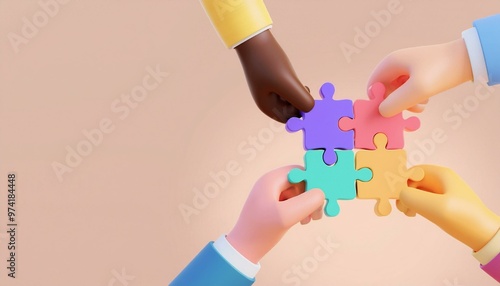 Collaborative teamwork concept, individuals connecting puzzle pieces, symbolizing productive unity and cooperation, demonstrating problem-solving and goal achievement through effective communication a