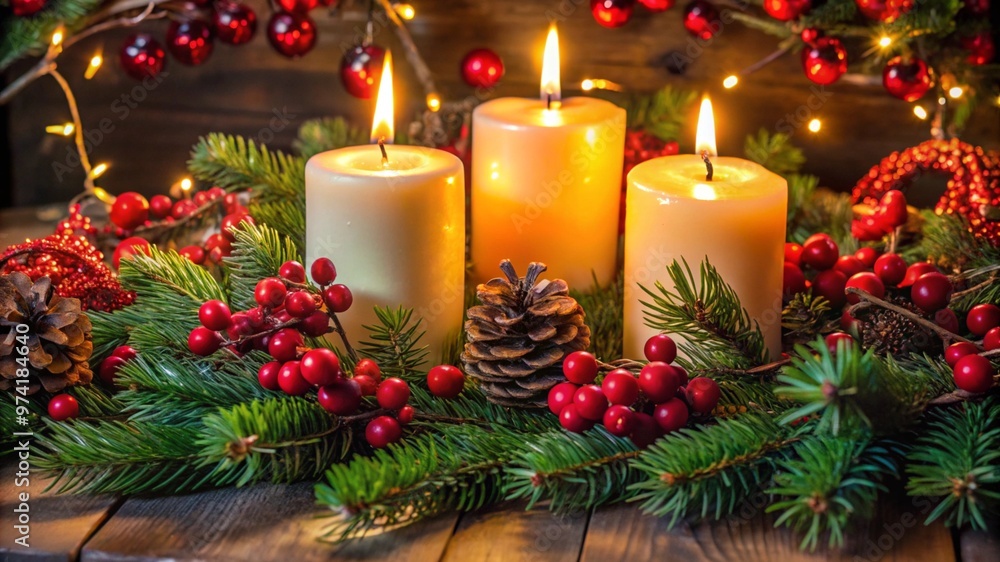 Christmas candle centerpiece with pine cones and berries