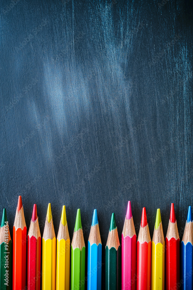 Colorful pencils in front of a blank blackboard. Back to school concept. Education banner Colorful pencils in front of a blank blackboard. Back to school concept. Education banner