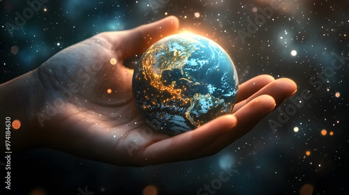 Hand Cradling Earth: A close-up of a gentle hand cradling a glowing Earth, with stars sparkling in the background. 