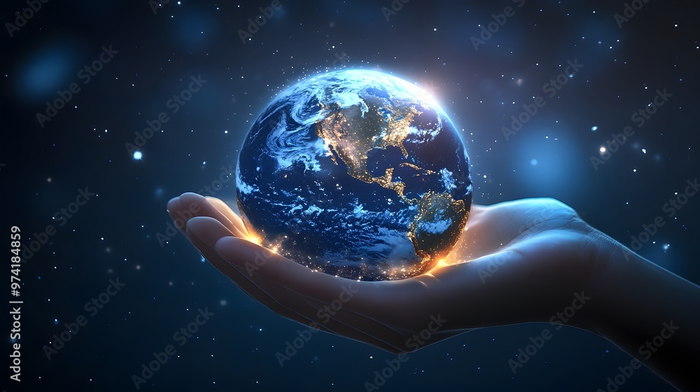Hand Cradling Earth: A close-up of a gentle hand cradling a glowing Earth, with stars sparkling in the background.
Hand Cradling Earth: A close-up of a gentle hand cradling a glowing Earth, with stars sparkling in the background.