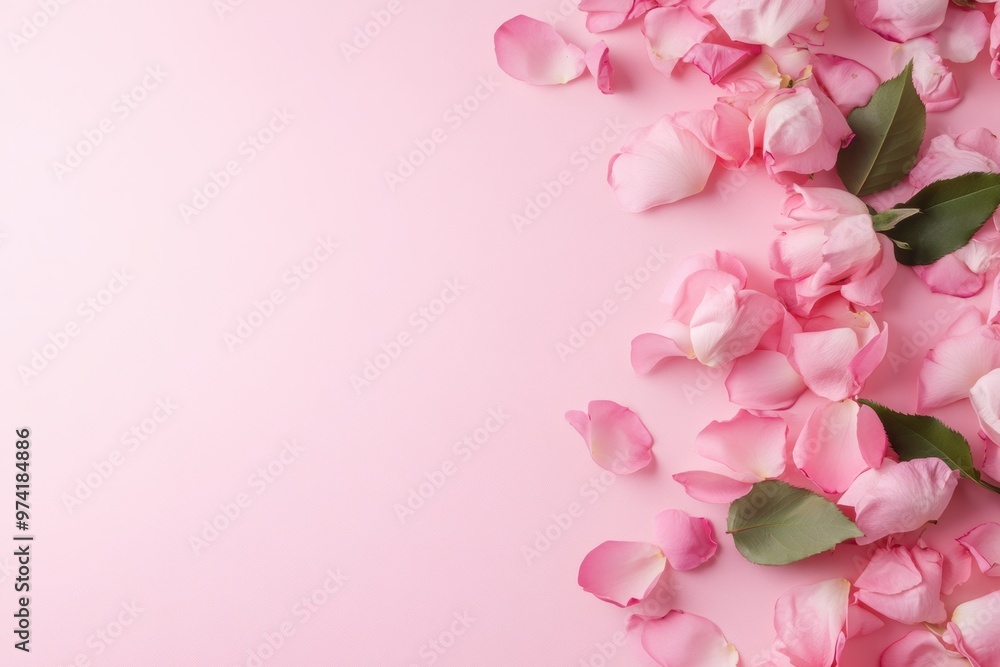Fototapeta premium A light pink pastel background features scattered petals on one side