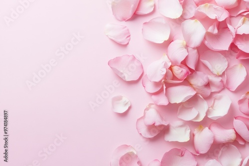 A light pink pastel background features scattered petals on one side