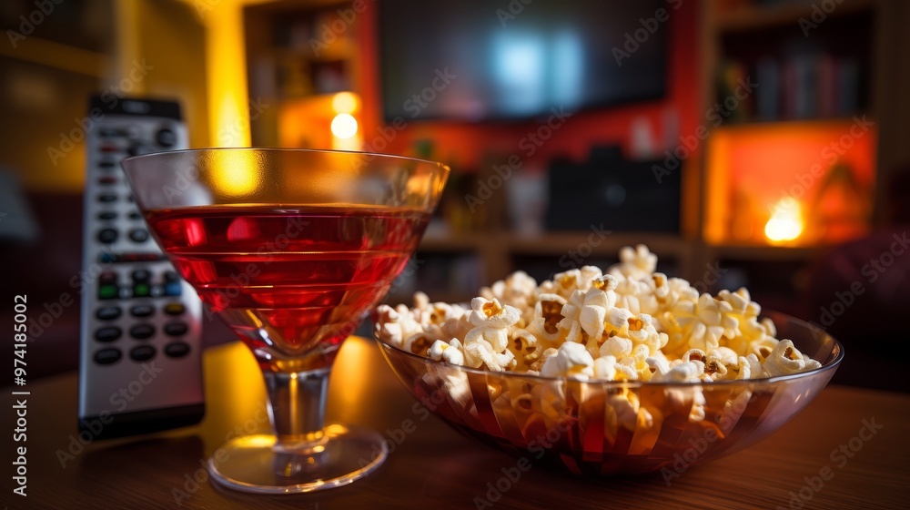 Cozy evening at home  glass bowl of popcorn and remote control with tv playing in background
