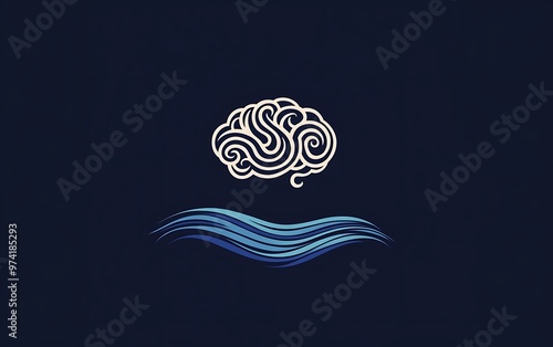 Serene Mind Logo Design with Wave Pattern and Brain Icon Symbolizing Balance and Flowing Thoughts in Clean Vector Style photo