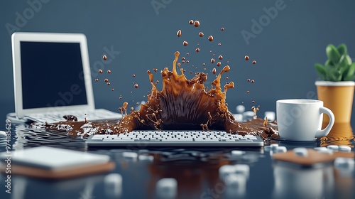 Coffee spills on a laptop and keyboard, creating a dramatic splash effect. photo