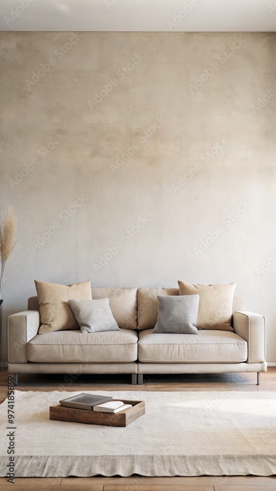 Minimalist beige sofa with cushions in modern living room