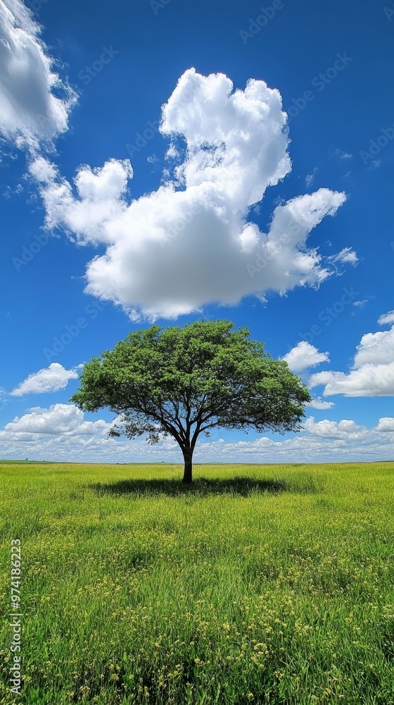 Serene Landscape with Solitary Tree in Vast Field under Clear Blue Sky and Fluffy Clouds Serene Landscape with Solitary Tree in Vast Field under Clear Blue Sky and Fluffy Clouds