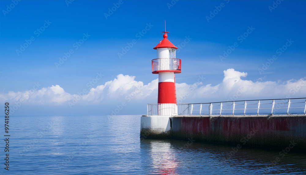 Red and White Lighthouse on Top of Pier and Copy Space Red and White Lighthouse on Top of Pier and Copy Space