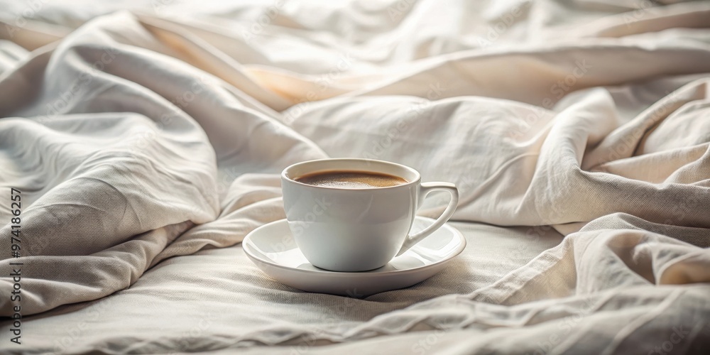 Coffee cup on neatly made bed with white blanket Coffee cup on neatly made bed with white blanket