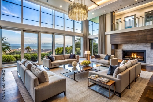 Elegant modern living room with high ceilings, large windows, and sleek furniture, designed by a renowned interior