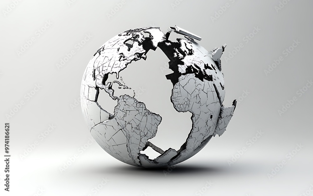 Broken World Globe - Symbol of Global Conflict and Division in Dramatic 3D Model with White Background Broken World Globe - Symbol of Global Conflict and Division in Dramatic 3D Model with White Background