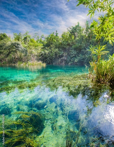 Crystal clear lake nature background with depth of field for a refreshing and peaceful retreat