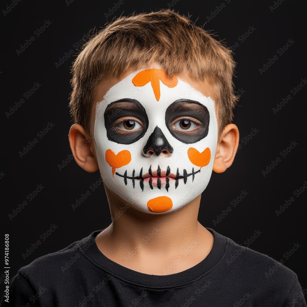 A young boy with a painted face of a skeleton A young boy with a painted face of a skeleton