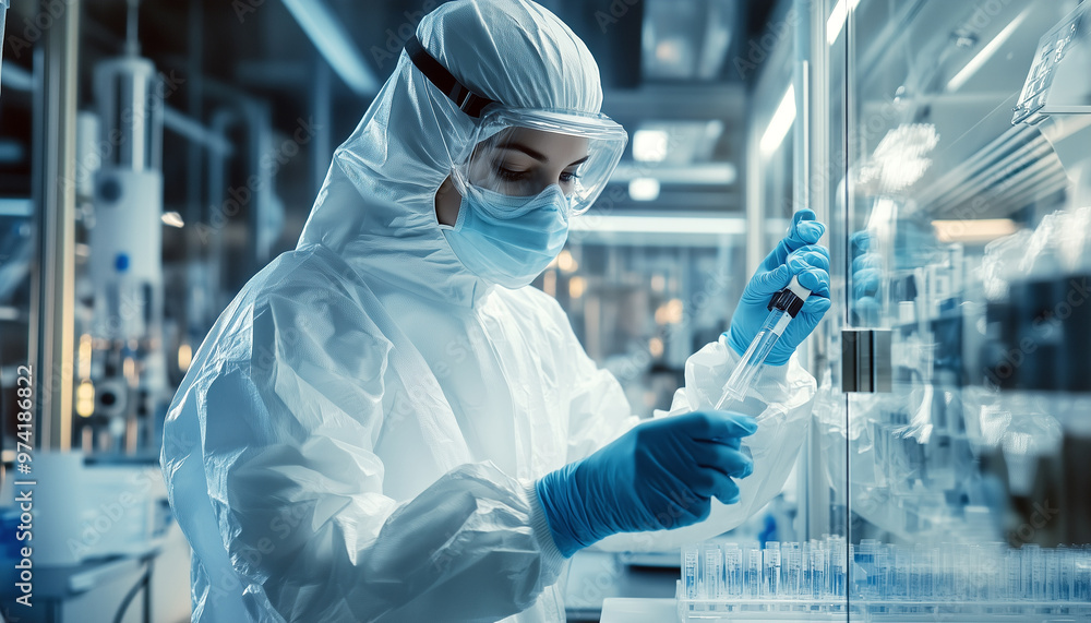 A scientist making a medical experiment using syringe and test tube in the medical lab. Generative AI. A scientist making a medical experiment using syringe and test tube in the medical lab. Generative AI.