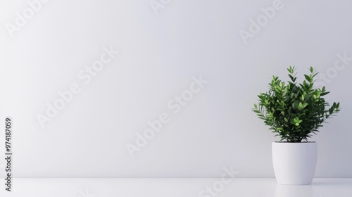  A minimalist white desk features a single potted plant in the corner