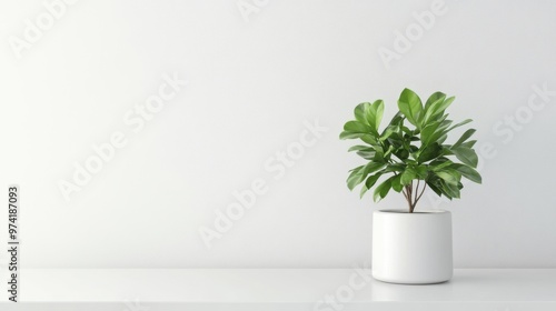  A minimalist white desk features a single potted plant in the corner