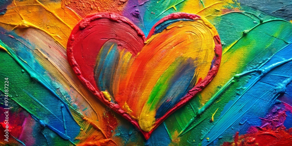 A close-up reveals a painted heart on a textured canvas, bursting with vibrant colors and abstract brushstrokes, A close-up reveals a painted heart on a textured canvas, bursting with vibrant colors and abstract brushstrokes,