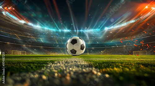 Wallpaper Mural Soccer ball in the middle of grass field on a stadium, football related background. Soccer match colorful design. Championship in European football. Torontodigital.ca