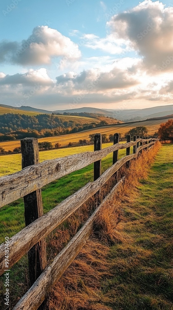Serene Rustic Landscape with Weathered Fence, Hills, and Sunny Sky Serene Rustic Landscape with Weathered Fence, Hills, and Sunny Sky