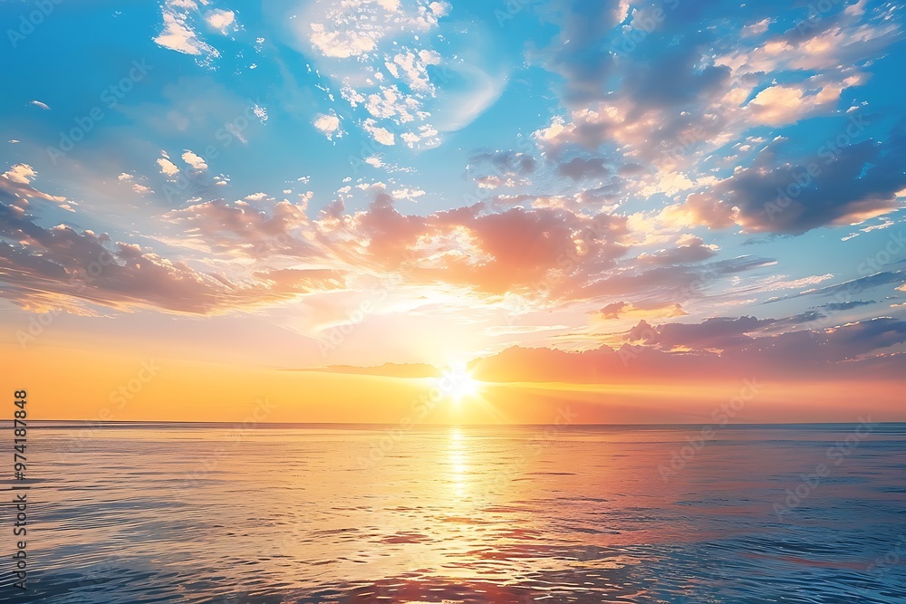 Fototapeta premium A sunset over a body of water glow over the tranquil sea