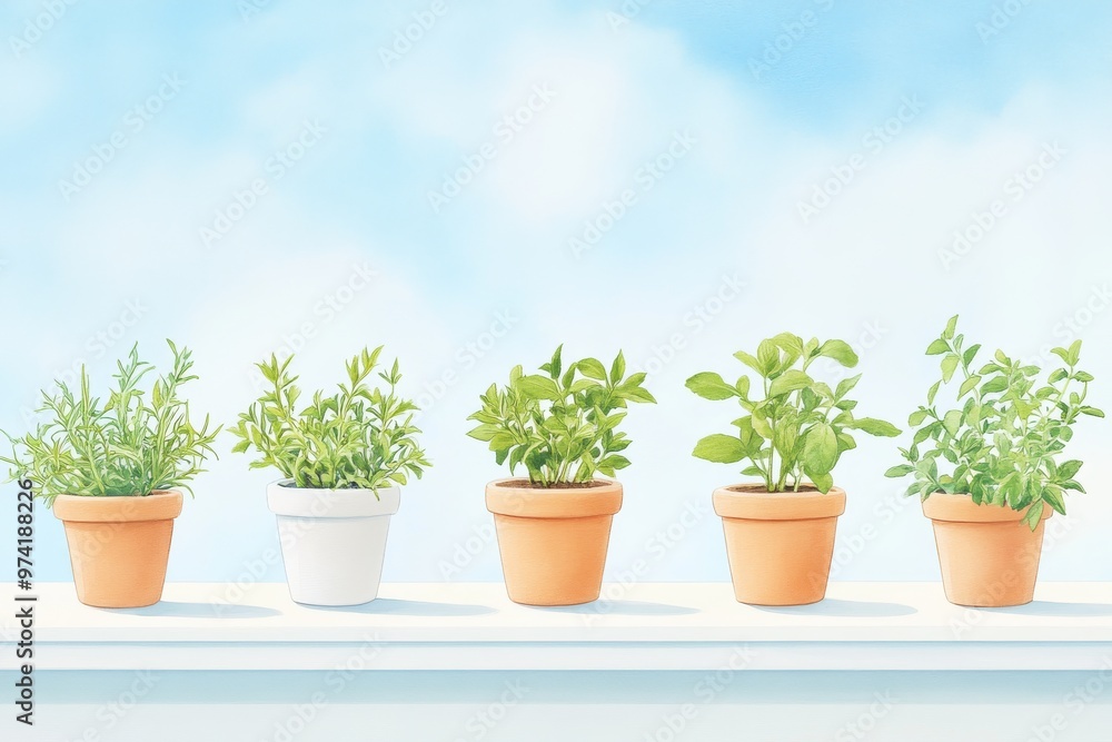 A serene collection of potted herbs basking in sunlight against a bright blue sky, perfect for home or garden decor inspiration. A serene collection of potted herbs basking in sunlight against a bright blue sky, perfect for home or garden decor inspiration.