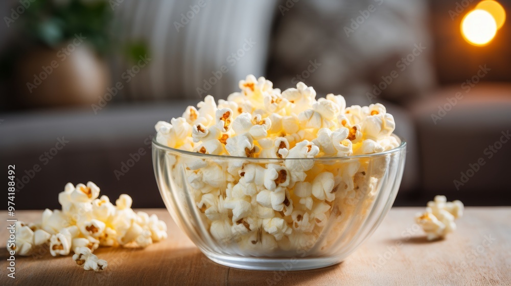 Cozy evening at home a glass bowl of popcorn and remote control by the tv for movie time Cozy evening at home a glass bowl of popcorn and remote control by the tv for movie time