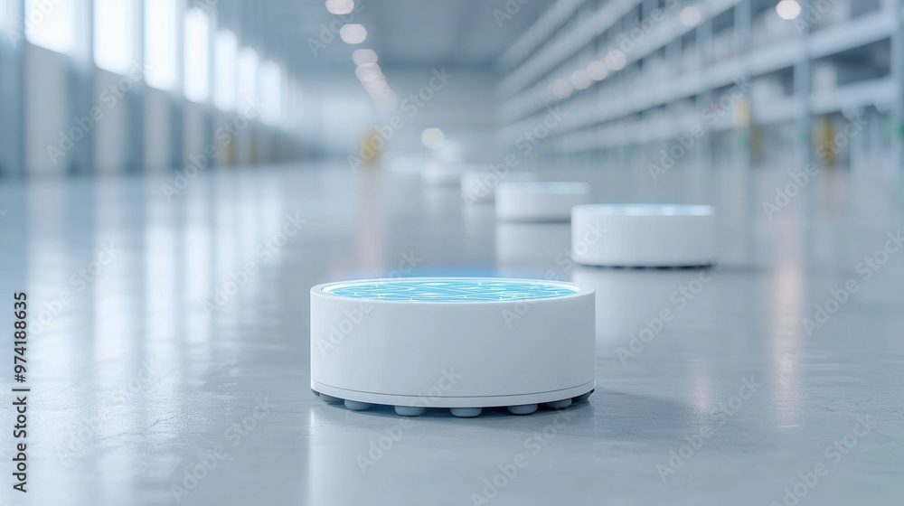 Autonomous Robots in a Modern Warehouse Environment with Polished Concrete Floors and Bright Lighting Autonomous Robots in a Modern Warehouse Environment with Polished Concrete Floors and Bright Lighting