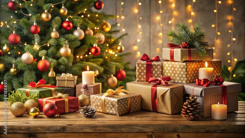 Christmas presents beautifully displayed on a table Christmas presents beautifully displayed on a table