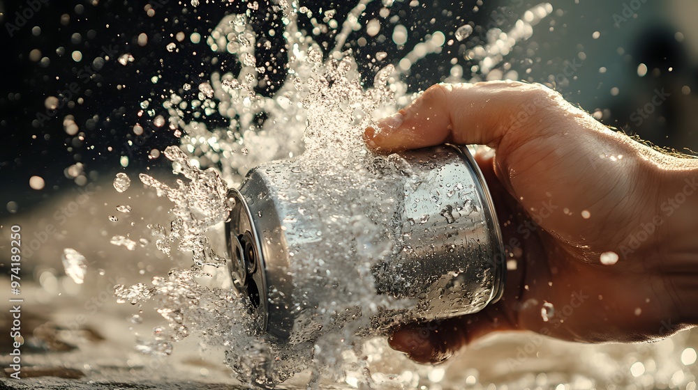 Fototapeta premium Hand Smashing a Can: A hand smashing an aluminum can, with the can crumpling and liquid spilling out. 