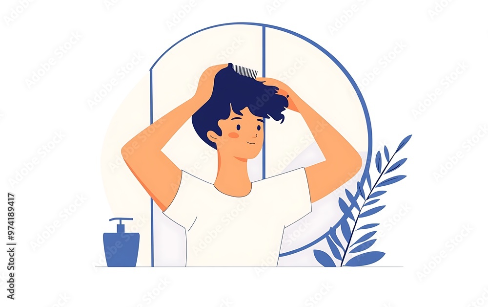 Minimalistic Flat Design of Person Combing Hair in Mirror on White Background Minimalistic Flat Design of Person Combing Hair in Mirror on White Background