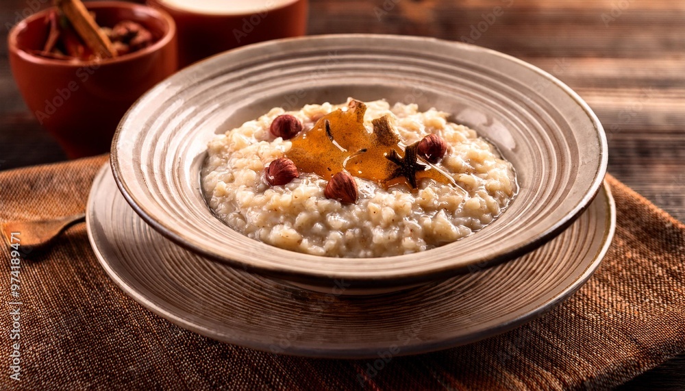 Comforting breakfast porridge with depth of field showcasing creamy textures and warm flavors Comforting breakfast porridge with depth of field showcasing creamy textures and warm flavors