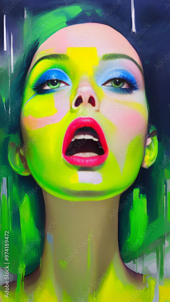 Obraz premium T-shirt print, print on the dress, brat, love, art, face, woman, beauty, flag, fashion, make-up, mask, close-up, model, eyes, head, expression, skin, look, black, sensuality, people, glamour, 