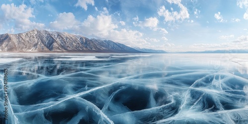 Lake in the mountains. Winter Ice Cracks Pattern