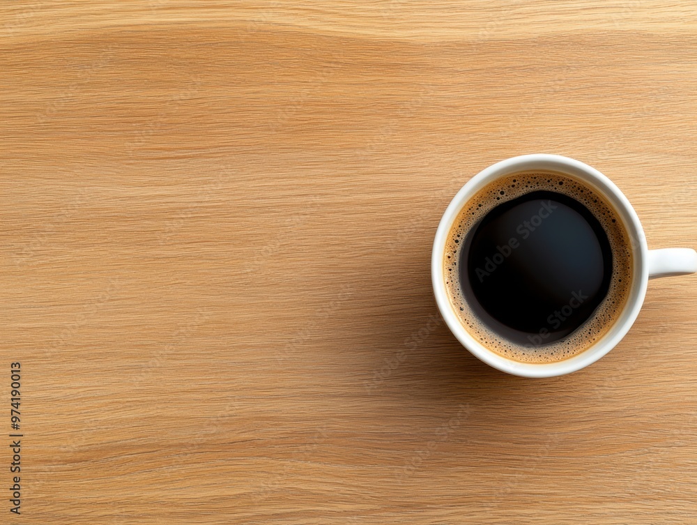 A smooth wooden surface features a coffee cup placed on the side A smooth wooden surface features a coffee cup placed on the side