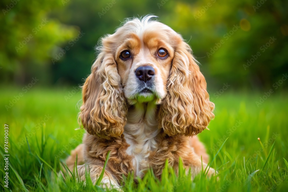 Floppy-eared, gentle American Cocker Spaniel with a soft, curly coat and big brown eyes poses sweetly on a Floppy-eared, gentle American Cocker Spaniel with a soft, curly coat and big brown eyes poses sweetly on a