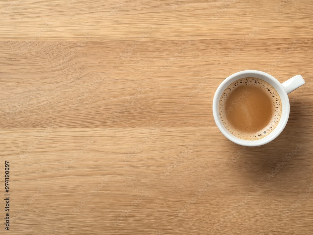 A smooth wooden surface features a coffee cup placed on the side A smooth wooden surface features a coffee cup placed on the side