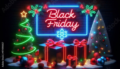 Black friday with Christmas background neon light effect social media post image