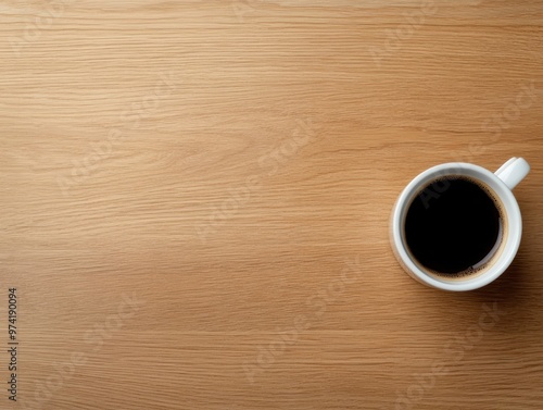 A smooth wooden surface features a coffee cup placed on the side