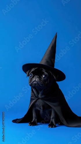 A black dog wearing a black hat and a black cape