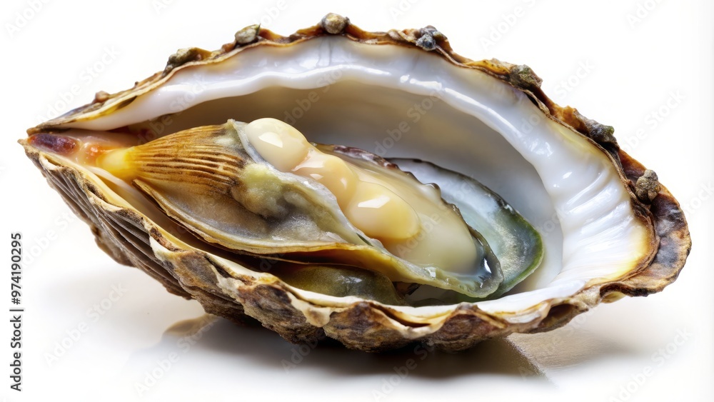 A half-open oyster shell features a spiny exterior with a visible hinge and adductor muscle, a delicate combination A half-open oyster shell features a spiny exterior with a visible hinge and adductor muscle, a delicate combination