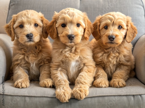 Fluffy, playful, and irresistibly cute, a trio of adorable mini goldendoodle puppies snuggle together, showcasing their photo