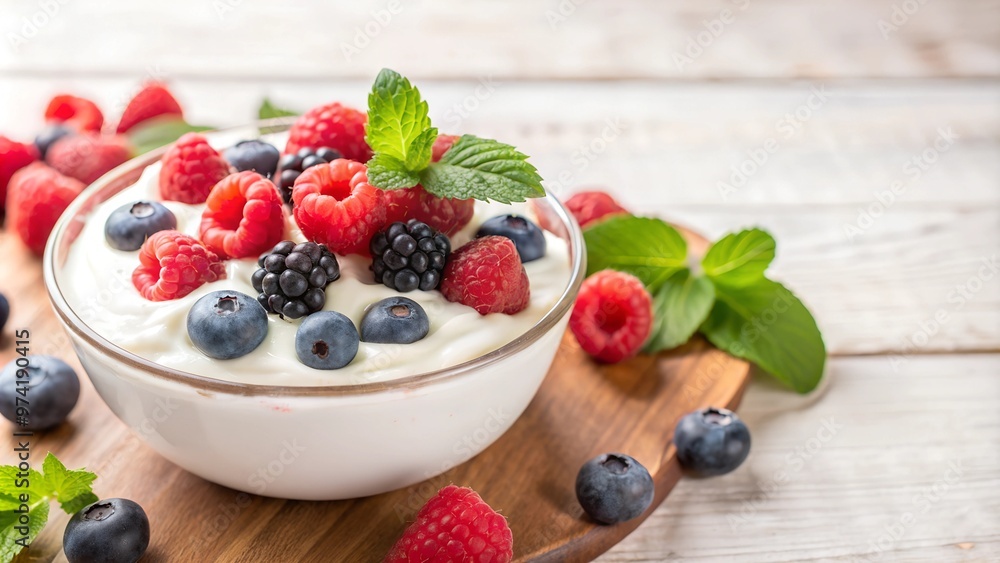 Fresh yogurt topped with berries and mint, immune-boosting probiotic-rich breakfast Fresh yogurt topped with berries and mint, immune-boosting probiotic-rich breakfast