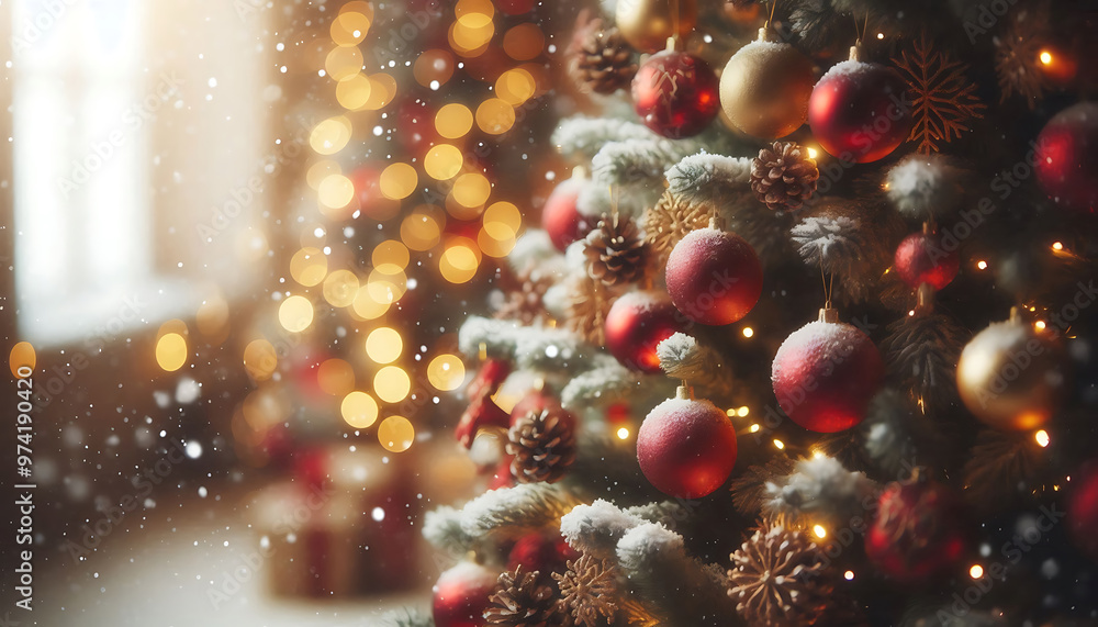 A decorated Christmas tree in a snowy setting featuring red and gold ornaments hanging from its branches in a soft blurred lights in the background A decorated Christmas tree in a snowy setting featuring red and gold ornaments hanging from its branches in a soft blurred lights in the background